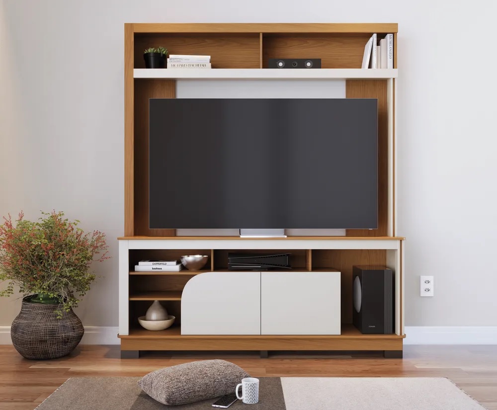 MUEBLE ESTANTE PORTA TELEVISORES DE HASTA 65" FREIJO OFF WHITE.