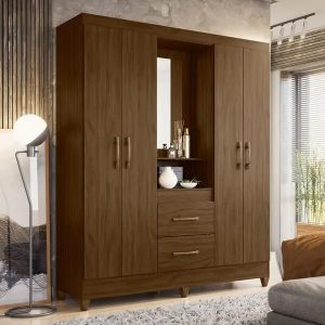 ROPERO CON ESPEJO 4 PUERTAS 2 CAJONES CASTAÑO.